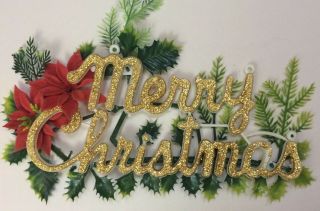 Vintage Wall Decor Sign Merry Christmas Gold Glitter Holly Window Plastic