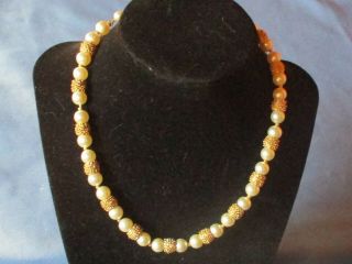 Vintage Signed Trifari Gold - Tone Metal Faux Pearl Necklace