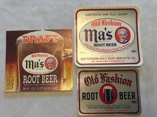3 Different Ma’s Old Fashioned Vintage Root Beer Labels,  Wilkes Barre,  Pa.