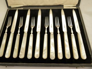 12 Piece Solid Sterling Silver & Mother Of Pearl Fruit Dessert Cutlery Set