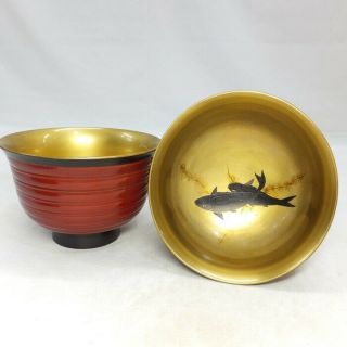 D849: Japanese Old Lacquer Ware Covered Bowl With Good Fish Pattern