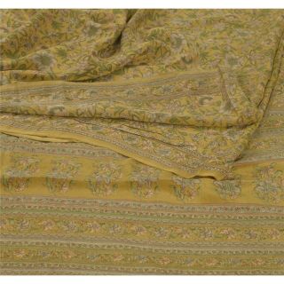 Sanskriti Vintage Green Printed Saree 100 Pure Crepe Silk Fabric 5yd Craft Sari