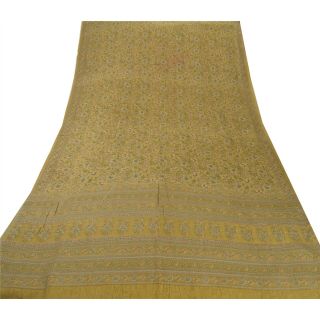 Sanskriti Vintage Green Printed Saree 100 Pure Crepe Silk Fabric 5Yd Craft Sari 3