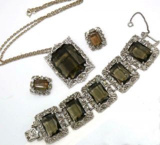 Huge Vtg Sarah Cov Topaz Glass Rhinestone Bracelet Pendant Pin Earring Set Sw62