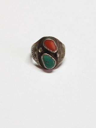 Vintage Native American Sterling Silver Old Pawn Turquoise Coral Ring Cut Band 3