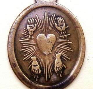 Feet & Hands Stigmatas & Holy Mother Of Sorrows - Antique Old Bronze Medal