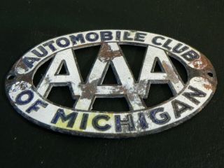 Vintage License Plate Topper Aaa Auto Club Of Michigan Porcelain Brass