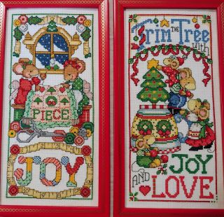 Vintage Cross Stitch Christmas Mice Trim The Tree & Joy Finished Framed Picture