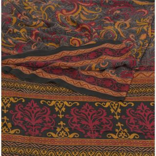 Sanskriti Vintage Grey Saree 100 Pure Crepe Silk Printed Fabric 5yd Craft Sari