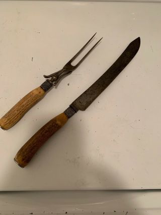 Vintage Lamson Goodnow Carving Knife 14in,  Meat Fork 10.  5 Set Stag Antler Handle