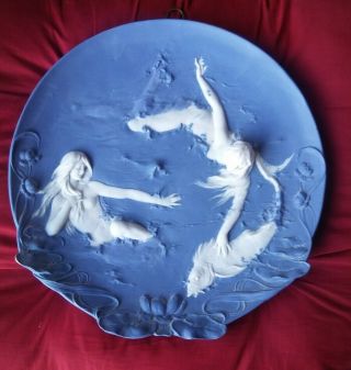 Antique Art Nouveau Bisque Blue Jasperware Wall Plaque Nude Water Nymphs,  Fish