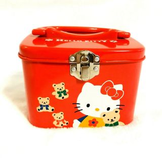 Sanrio Hello Kitty Vintage Teddy Bear Red Tin Storage Box Trunk Made In Japan