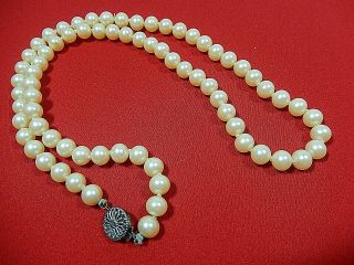 Vintage Elegant Ind Hand Knotted Glass Pearl 24 " Necklace With Sterling Clasp