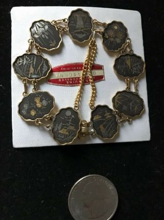 Vtg Japanese Damascene Bracelet 24k Gold Panels - Orig Label