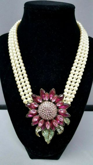 Vintage Heidi Daus Gold - Tone Crystal Flower & Multi - Strand Faux Pearl Necklace