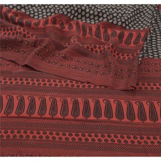 Sanskriti Vintage Black Saree 100 Pure Crepe Silk Printed Fabric 5Yd Craft Sari 2