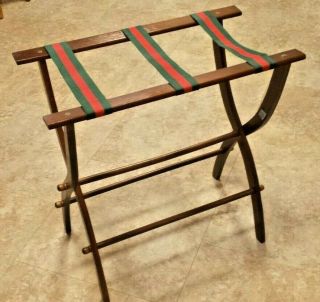 Vtg Folding Luggage Suitcase Stand Rack Wood Red Green Fabric Straps Hotel Style
