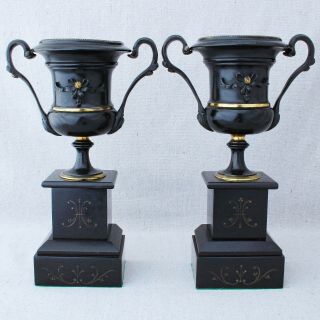 Antique 19 C French Ormolu Black Patinated Bronze Slate Mantle Urns Bookends 11”