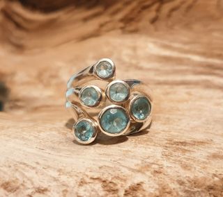 Vintage Chunky 925 Solid Sterling Silver And Multi Aquamarine Cluster Ring