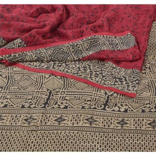 Sanskriti Vintage Dark Red Saree Pure Crepe Silk Printed Fabric 5yd Craft Sari