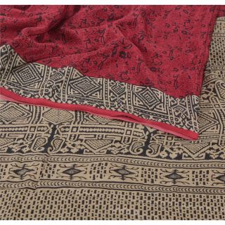 Sanskriti Vintage Dark Red Saree Pure Crepe Silk Printed Fabric 5Yd Craft Sari 2