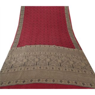 Sanskriti Vintage Dark Red Saree Pure Crepe Silk Printed Fabric 5Yd Craft Sari 3