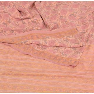 Sanskriti Vintage Saree 100 Pure Crepe Silk Pink Printed Fabric 5yd Craft Sari