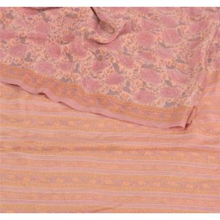 Sanskriti Vintage Saree 100 Pure Crepe Silk Pink Printed Fabric 5Yd Craft Sari 2