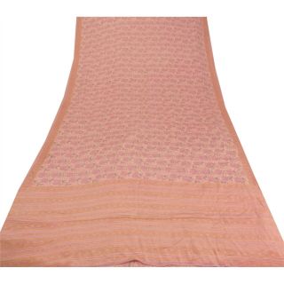 Sanskriti Vintage Saree 100 Pure Crepe Silk Pink Printed Fabric 5Yd Craft Sari 3