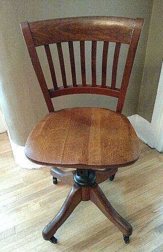 Antique Heavy Wooden Swivel Desk Chair Bankers Chair With Very Sturdy Mechanics