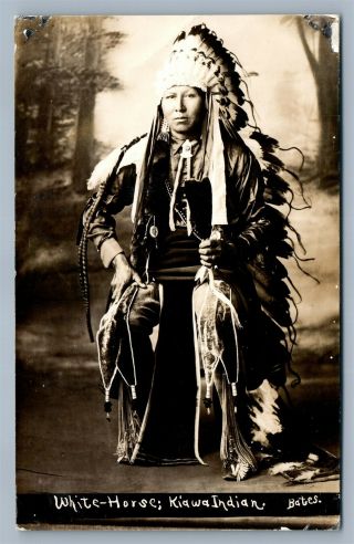 American Kiawa Indian White Horse Antique Real Photo Postcard Rppc By Bates