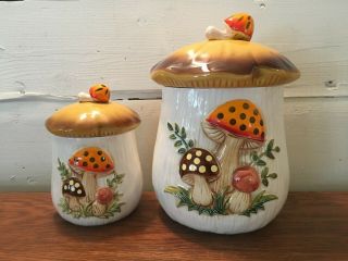 Set Of 2 Vintage Sears & Roebuck Ceramic Mushroom Design Canisters W/ Lids