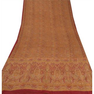 Sanskriti Vintage Saree 100 Pure Crepe Silk Orange Printed Fabric Craft Sari 3