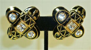 Lovely Vintage Blanca Big Rhinestone Cross Clip On Black Enamel Earrings