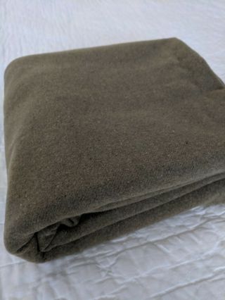 Vintage Wool Army Blanket In Drab Olive Green,  58 " X70 "