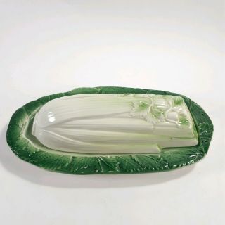 Vintage Majolica Celery Butter Dish Bresolin 3d Hand Painted Green White