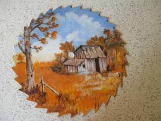 Vintage Saw Blade Art,  Fall On A Farm,  Hand - Painted,  Artist Signed,  10 " Diameter