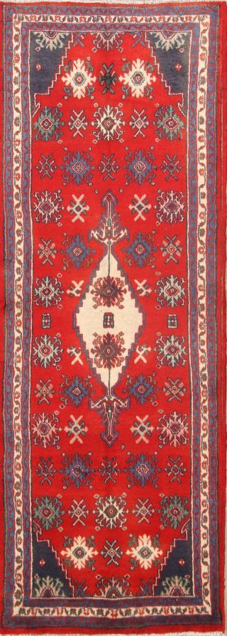 One - Of - Kind Vintage Geometric Hamadan Oriental Hand - Knotted 4x10 Wool Runner Rug