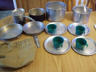 Vintage Aluminum Camp Mess Kit Nesting Pans Pots Coffee Pot Plates Cook Ware Set