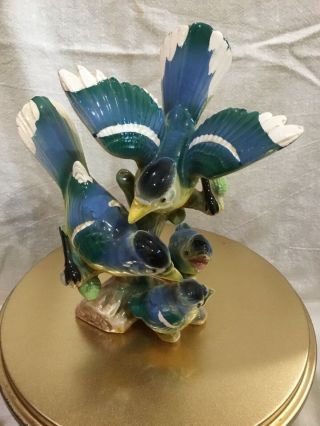 Vintage Ceramic Blue Bird Figurine.  Mother,  Father And 2 Babies.  Japan