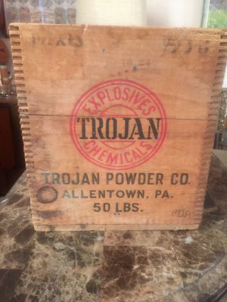 Primitive Trojan Powder Co Explosives Wood Box Crate Dynamite Antique Hunting