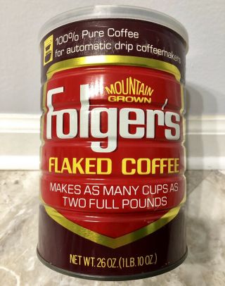 Vintage Mountain Grown Folgers Flaked Coffee 26oz Tin Can Lid Brown