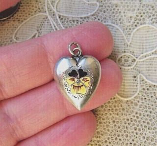 Antique Art Nouveau 800 Silver Puffy Enamel Lucky Pansy Flower Heart Charm 1900s