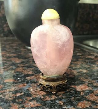 Antique 19th Chinese Carved Rose Quartz Rock Crystal Snuff Bottle On Wood Stand