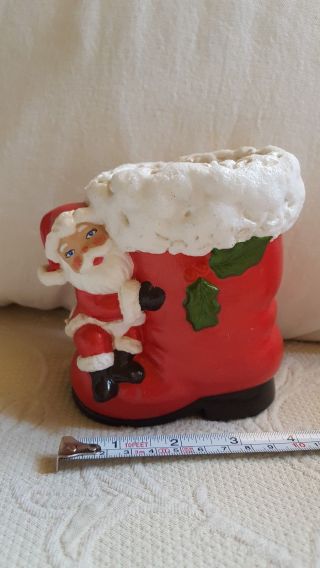 Vintage Red Ceramic Christmas Santa Boot Candy Holder W/santa On Toe 4.  5 " Tall