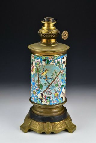 Antique Longwy French Enamel Art Pottery Chinoiserie Oil Lamp
