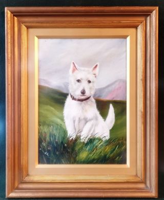 British Scottish Terrier Scotty Dog Portrait,  Antique 19thc Signed Oil Painting