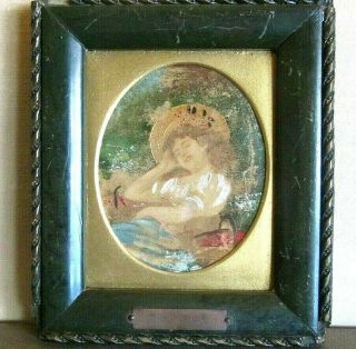 19th C Antique Miniature Oval Art Portrait Oil Painting Lady With Hat.