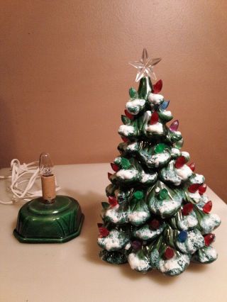 Vintage 11 Inch Green Ceramic Christmas Tree Electric Lighted Base W/ Switch
