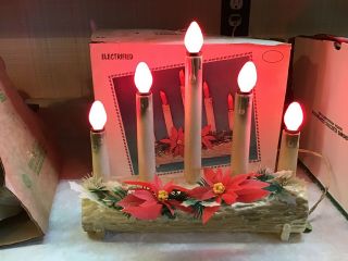 Vintage Christmas Blow Mold Plastic Table Top Lighted Yule Log 5 Candle Work Box